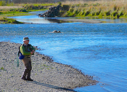 Wild Angler owner Casey Cravens fishing a favorite stretch on the lower Mataura River below a confluence with a tributary.